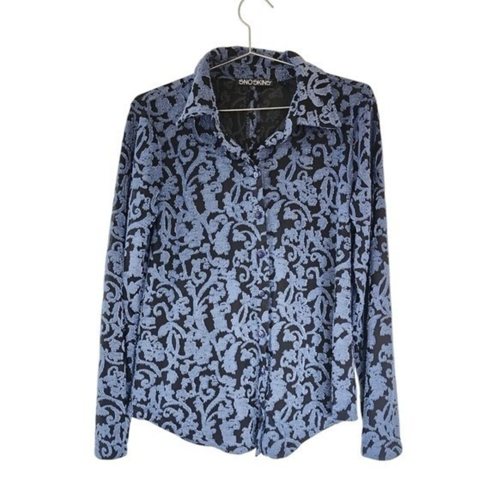 SnoSkins Blouse Women Small Blue Damask Burnout Textured Floral Button Up Top